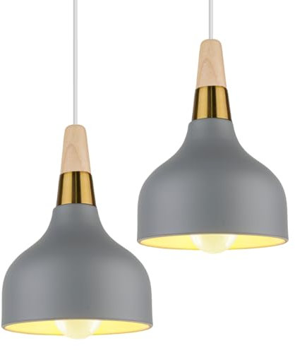 PETITES ECREVISSES Pendelleuchte Moderne Hängeleuchter Vintage E27 Industrielle Deckenleuchte Innen Hängelampe Metall und Holz Beleuchtung für Küche Esszimmer Schlafzimmer (Grau-2 Stück)