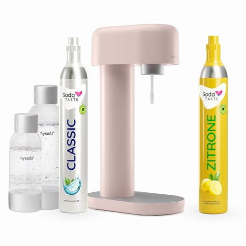 Sparpaket: Mysoda Ruby - Wassersprudler aus Aluminium mit 1L und 0,5L BPA-freier Plastikflasche, CO2-Zylinder Classic + CO2-Zylinder Zitrone (Rosa)