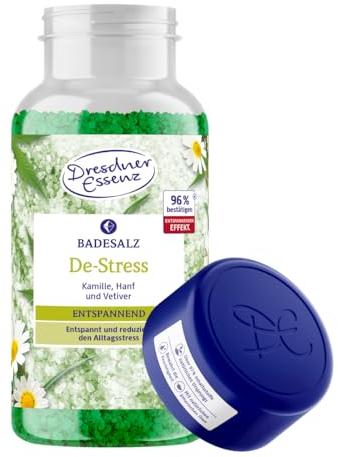 Dresdner Essenz Sales de baño De-Stress de 600 g, efecto relajante con aceites esenciales y sal de Epsom que contiene magnesio, cristales de baño para la relajación y reducción del estrés (manzanilla,