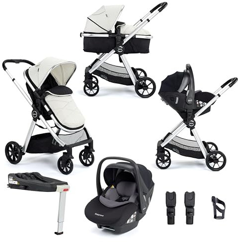 Babymore Mimi Travel System Pecan i-Size Car Seat Silver - 3 in 1 Travel System, Foldable & Head Rest Reclining Features, Pecan i-Size Car Seat with ISOFIX Base & Essentials, 0-4 Years | Up to 22 Kg