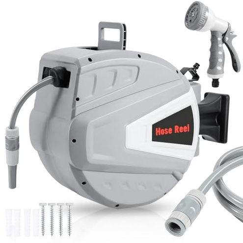 Vkechh Schlauchtrommel 30m, Gartenschlauch Trommel mit Handbrause, Aufroll-Automatik Schlauchbox, Schlauchaufroller 180-Grad-Drehung Schlauchtrommel Wandmontage(grau)