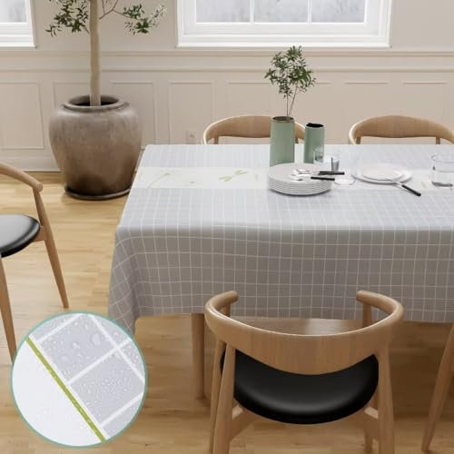 Longing Home Tischdecke Wachstuchtischdecke Wachstuch Abwaschbar Tischdecken wachstischdecke für Party,Tischtuch Outdoor,Esstisch, Abendessen,Couchtisch,Küche(Kariert - Hellgrau, 140 x 160 cm)