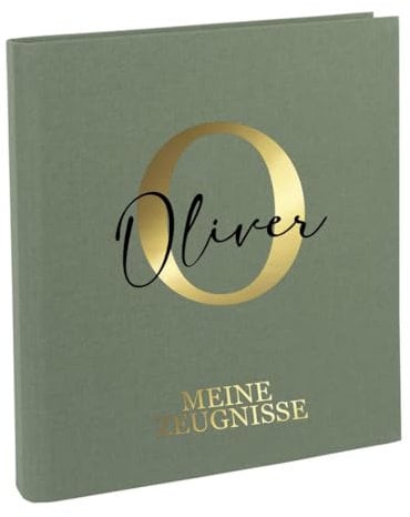 AWASG Zeugnismappe Kinder mit Namen personalisiert | Dokumentenmappe Buchstabe Initiale für Mädchen Jungen | Zeugnisordner Leinen zum Einsortieren von Urkunden (Olive)