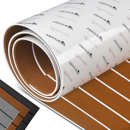 Abahub EVA Foam Boat Decking 96''x28.8'' Self-Adhesive Faux Teak Marine Flooring Sheet Traction Pad for Boats Surfboard, Brown with White Seam Lines