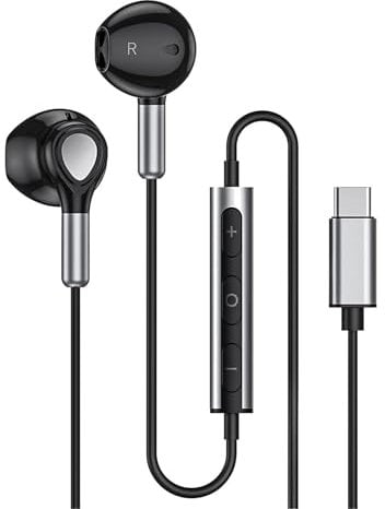 USB C Headphones, Type-C Earphones in-Ear Wired Headphone with Mic And Volume Control, HiFi Stereo Noise Cancelling Earbuds compatible with i-phone15 pro max Sam-sung S24/S23 and More (BLACK)