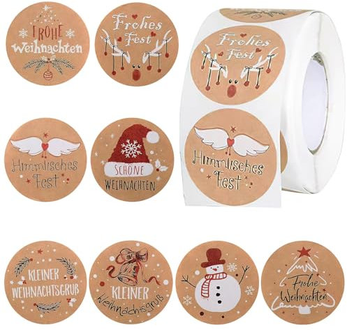 500 Stück Aufkleber Weihnachten, Kraftpapier Weihnachtsaufkleber, Sticker Weihnachten Rund im 8 Stil, Weihnachtsaufkleber Selbstklebend für Geschenkverpackungen, Party Dekoration, Umschlag usw (B)