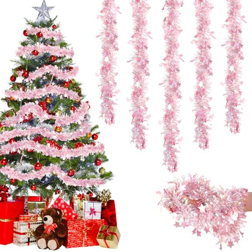 Lametta Weihnachtsbaum, 5PCS×2M Weihnachtsgirlande Lametta Girlande Weihnachten Outdoor Christmas Garland 16M Weihnachtsgirlanden Mit Sternen Verziert Weihnachtsdeko Girlande Christbaum Deko Roségold