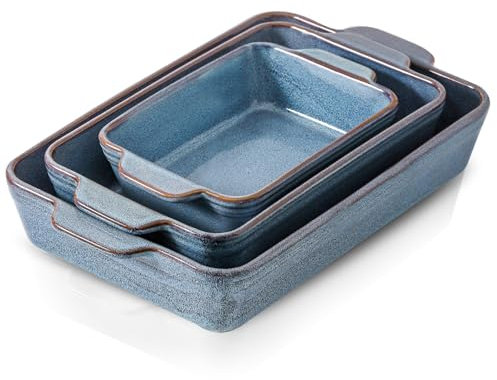 HVH 9x13 Baking Dish Set, Large Casserole Dishes for Oven, Ceramic Bakeware Set of 3, Rectangular Lasagne Pan Deep for Baking (Wabi sabi)