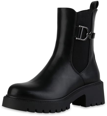 VAN HILL Damen Klassische Stiefeletten Blockabsatz Profilsohle Trendy Schuhe 216431 Schwarz 40
