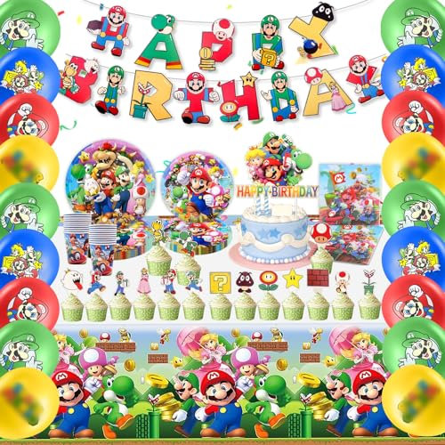 85PCS Super Brothers Geburtstag Party Deko, Theme Geschirr Set 10 Personen Enthält Luftballons Geburtstag Banner Tortendeko Becher Servietten Tischdecke, Geburtstagsdeko Pappteller Kindergeburtstag