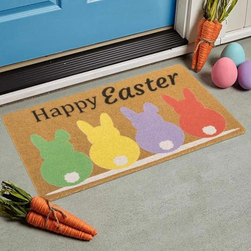 CaySep Elegante dekorative Fußmatte mit Osterhasen-Motiv, saisonaler Frühling, Ostern, Bauernhaus, Urlaub, Flache Bodenmatte, Schaltermatte für drinnen und draußen, 43 x 74 cm