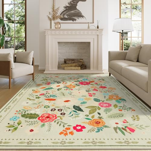 Homcomodar Blumen Teppich Wohnzimmer 120x170cm Kurzflor Teppich Schlafzimmer Vintage Floral Waschbarer Teppiche Kinderzimmer für Wohnzimmer Schlafzimmer(Grün)