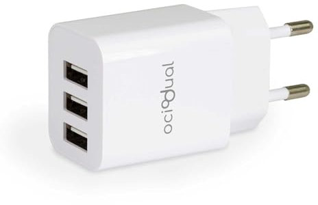OcioDual Cargador de Pared EU, 3 Puertos USB de 5v, 2.4A, 10W, Cargador para Smartphones, Adaptador de Corriente para Enchufe USB, Carga rápida, Modelo: ST590, Blanco
