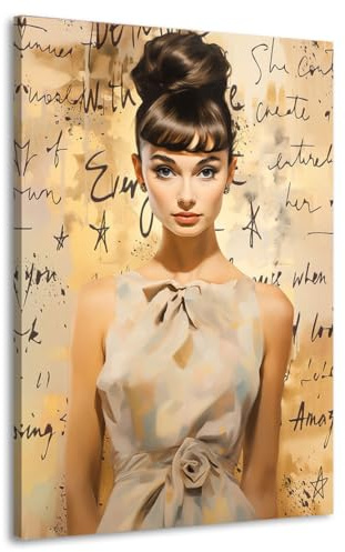 Kunstgestalten24 | Audrey Hepburn Boho Style Leinwand-Bild | mit Echtholz-Keilrahmen | Leinwandbild Wandbild Gemälde Kunst Art | Hochwertige Kunstdrucke | XXL Bilder auf Leinwand