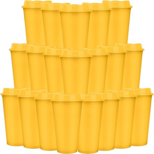 20 Pcs Reusable Coffee Cups with Lids 470 ml Plastic Tumblers Iced Coffee Cup Travel Mug for Adults and Women Kid Hot and Cold Drinks, Microwaveable (Yellow)