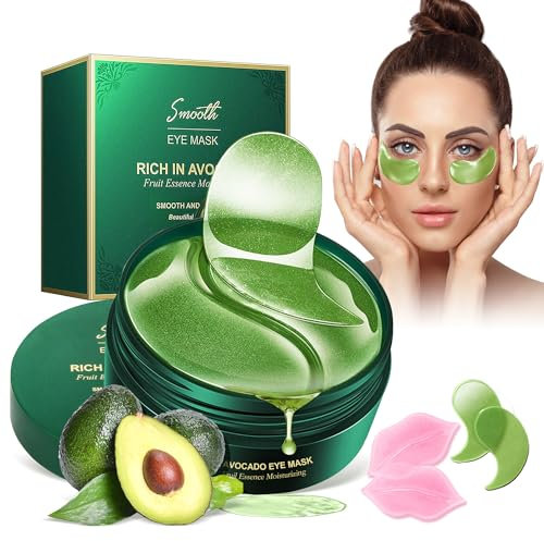 60Pcs Augenpads+2 Lippenmaske,Augenpads Gegen Augenringe,Eye Patches Mit Avocado,Augenpads Hyaluron,Augenringe Entfernen Eye Pads,Mindern Falten und Schwellungen