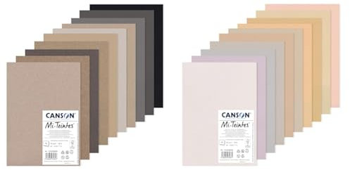 Bundle aus Canson Mi-Teintes, Farbiges Zeichenpapier, 160g, 10 DIN A4 Bögen, 10 Grautöne, + Canson Mi-Teintes, Farbiges Zeichenpapier, 160g, 10 DIN A4 Bögen, 10 Pastelltöne