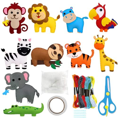 Nähset Kinder,DIY Nähen Kinder Bastelset Filz,Filz Waldtiere Bastelset,Tierformen Kuscheltiere DIY Art Craft,Kreatives nähset für kinder