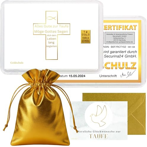 Goldschulz Goldbarren 1g 1 Gramm Motivbox - Zur Taufe Kreuz - Geschenk + Echtheitszertifikat