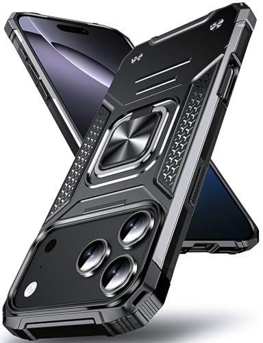 DASFOND Armor Hülle für iPhone 17 Pro Max Case, Stoßfeste Militär Handyhülle [Upgrade 2.0] 360 Grad Metall Ring Halter Ständer Schutzhülle [mit Auto-Magnet], Schwarz