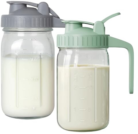 2 Muttermilchkrüge: 950 ml, auslaufsichere Muttermilchflasche aus Glas mit Deckel und Ausguss, Weithals-Einmachglas für Flüssigkeiten, Eistee, Säfte, Muttermilch