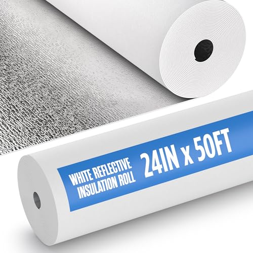 Houseables Rouleau isolant, barrière radiante, rouleau d'isolation murale, mousse blanche, feuille métallique thermique réfléchissante pour plafond, grenier, camping-car, sol, maison, grange, bâtiment