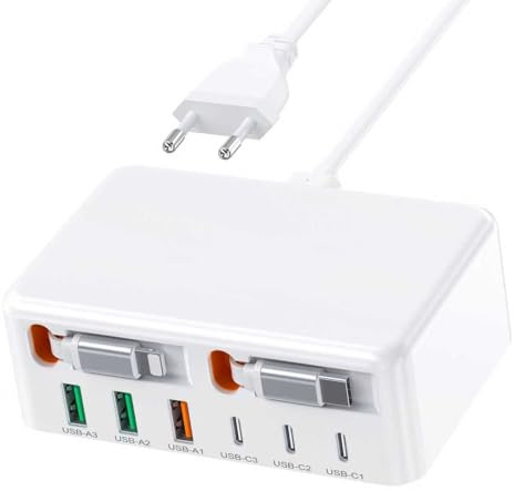 ANYKON USB C Ladegerät, 8-Port USB C Schnellladegerät Netzteil mit Einziehbarem Kabel, PD+QC 3.0 GaN USB Ladestation für iPhone 17/16/15/14, Samsung Galaxy S24, iPad, Laptop, Reise&Home Office