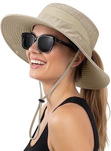Xnova Sombrero de Sol UPF 50+ Mujer Apto para Coleta, Sombreros de Pescador ala Ancha Ajustable Plegable Gorras de Safari Senderismo Bucket Hat (A: Beige, Sombrero Circunferencia: 55–60 cm)