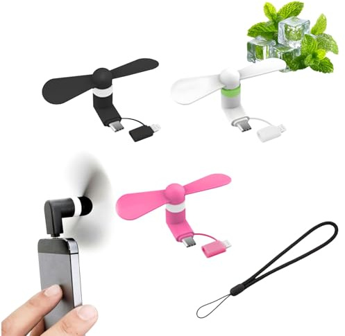 QEEROYO 3 Stücke 2 in 1 Mini-Handy-Ventilator, Ragbarer USB-Handy-Lüfter, Mini-Lüfter, USB Ventilator Klein Leise, 2-in-1-Lüfter für Lightning/Type-C-Telefone