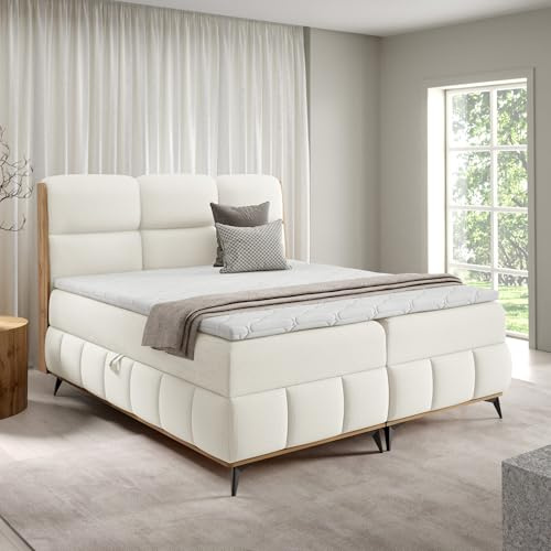 Home Collective Boxspringbett Polsterbett Doppelbett Bett mit Stauraum und Topper inklusive | modernes Design mit edlen Holzdetails Schlafzimmer Jugendzimmer Möbel | Weiß 140x200 cm