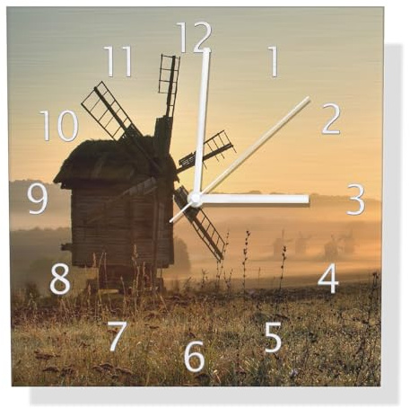 Wallario Design Wanduhr Morgendämmerung am Mühlenfeld aus Aluverbund, Alu-Uhr Größe 30 x 30 cm, weiße Zeiger mit Metalloptik