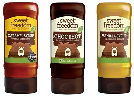 Sweet Freedom Kick Starter Syrup Bundle (Pack of 3) | Naturally Sweetened With Fruits. Vegan, Vanilla, Caramel Syrup & Choc Shot for Pancakes, Coffee & Desserts