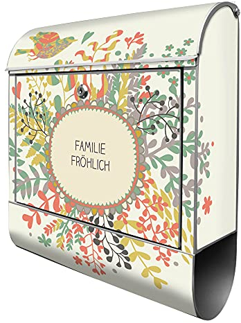 banjado® Design Briefkasten personalisiert WT Frühling 38,5x46,5x13cm & 2 Schlüssel - Briefkasten Stahl Silber Zeitungsfach pulverbeschichtet - Postkasten A4 Einwurf inkl. Montagematerial