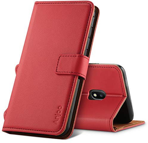 Anjoo Hülle Kompatibel für Samsung Galaxy J3 2017, Tasche Leder Flip Case Brieftasche Etui mit Kartenfach und Ständer Kompatibel für Samsung Galaxy J3 2017 (Rot)