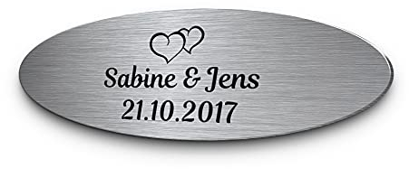 Hochzeitsschild aus Edelstahl oval mit Namen oder Spruch & Herzen | Wetterfest mit vielen Motiven zB für Hochzeitsbank | Goldene Hochzeit Geschenke zur Silberhochzeit Hochzeitsdeko