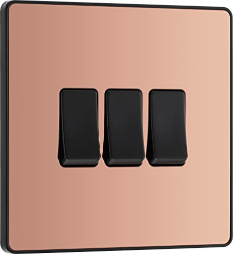 BG Electrical Triple Wall Light Switch, 2 Way, Screwless Front Plate, Round Edges, Evolve, Polished Copper, 20A, 16AX, PCDCP43B