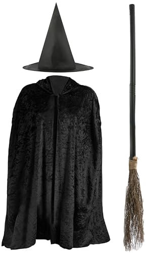 Childs Halloween Witch Costume - Black Velour Cape, Pointed Witch Hat and 3-Piece Broom - Kids Halloween World Book Day Fancy Dress Costume
