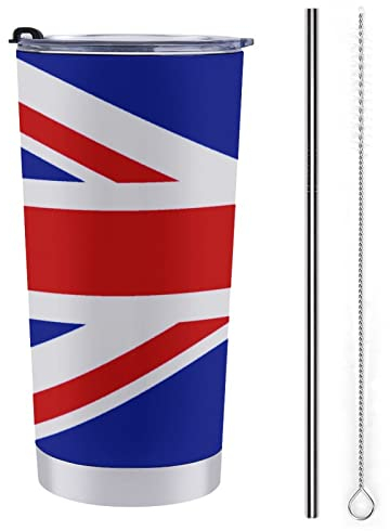 FJAUOQ 20oz Edelstahlbecher mit britischer Union Jack-Flagge, mit Deckel und Strohhalm, isolierter Kaffeebecher, Reisebecher für Mama, Papa, Geschenk