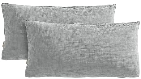 Pure Label Musselin Kissenbezug 40x80 2er Set aus 100% Baumwolle - Traumhaft weiche, kuschelige Musselin Kissenbezug-Set in grau