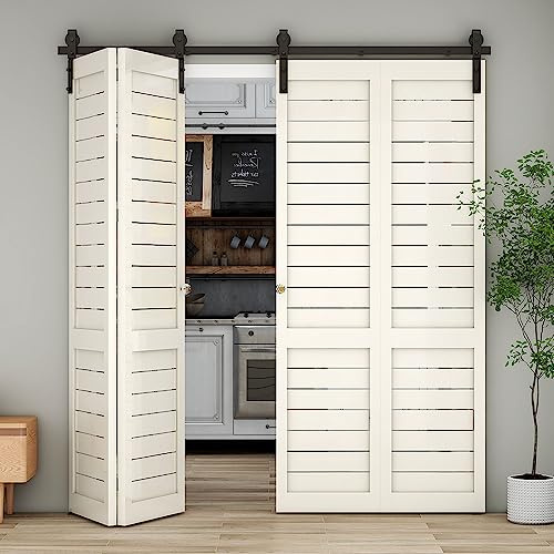 TSMST 120cm/4ft Bi-Falte Schiebetürsystem Komplett-Set, Platzsparende Scheunentür Spur Set für 4 Türen,Grundlegender Stil, Glatt und Ruhig (keine Tür)