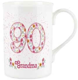 Purely Home Grandma Pink Floral Ages Mug - 90th Birthday Gifts for Her - Granny Bone China Coffee/Tea Mug