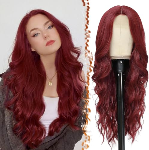 BARSDAR Lange Wellig Rot Perücke, 66cm Mittelscheitel Lockige Wellig Lace Front Natürliche Hitzebeständig Synthetische Haar Perücken für Frauen Tägliche Party Cosplay Halloween Perücke (Rot)