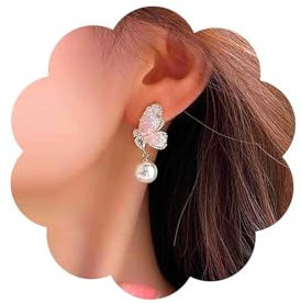 Dervivea Boucles D'oreilles Papillon Perle Rose Boucles D'oreilles Papillon Cristal Boucles D'oreilles Papillon Strass Boucles D'oreilles Aile De Papillon Boucles D'oreilles Papillon Perle Bijoux