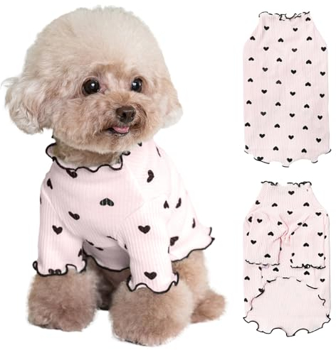 Yaopelky Haustierkleidung für kleine Hunde und Katzen, Sommer, Herbst, Herzmuster, dehnbar, Rüschen, langärmelige Outfits für Chihuahua, Schnauzer, Shih Tzu, Yorkie (Rosa, M)