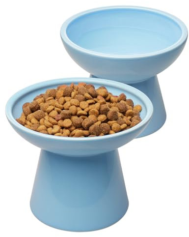 CEEFU 2 extra breite erhöhte Katzenfutterschüssel, erhöhter Anti-Erbrechen, Katzen-Futterschnapf, Schnurrhaar, stressfrei, Hund, Zwei Näpfe, Keramik, Katzen-Futternäpfe, Blau