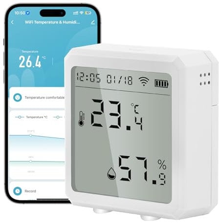 Diymore Termometro igrometro,Termoigrometro digitale,Monitoraggio della temperatura e dell'umidità,Termometro ambiente con supporto per l'orologio Controllo App