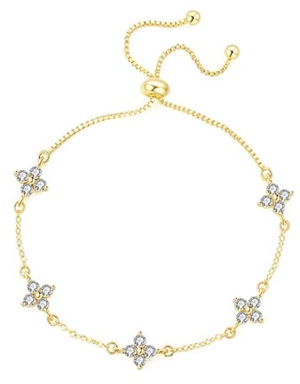 HEEYA Armband Damen 14 Karat vergoldet Armbänder mit 5A Zirkonia Blumen Armkette Vierblättrige Blatt für Damen Verstellbar Gold Armband Silber 925 Bracelet Schmuck mit Geschenkbox für Frauen Mädchen