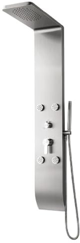 Columna de hidromasaje SURYA plateada, acero inoxidable pulido, resistente a huellas. Ducha libre de marcas. Ducha superior y de mano con 4 jets de masaje. Personaliza tu ducha con estilo y comodidad