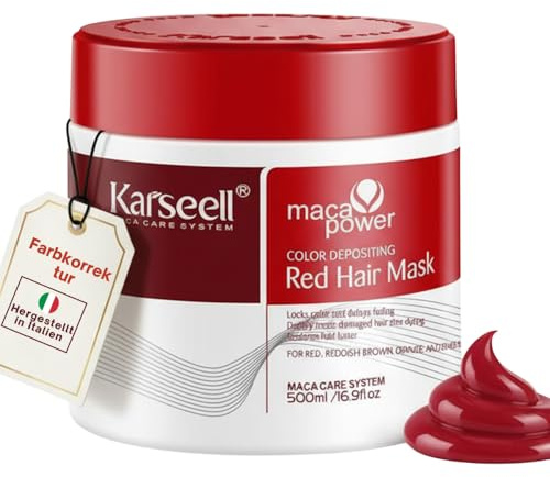 Karseell MACA CARE SYSTEM Rote Pigment Haarmaske Farbauffrischung Intensiviert Rote Kupfertöne Pflegend Hydratisierend Anti-Frizz Glanz Trockenes Coloriertes Haar Professionell 500ml
