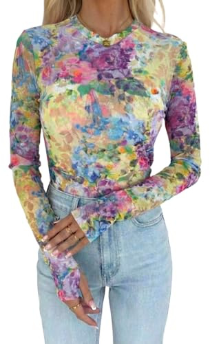CHICME Womens Mesh Long Sleeve Top Sheer Going Out Shirt-Multicolor-L